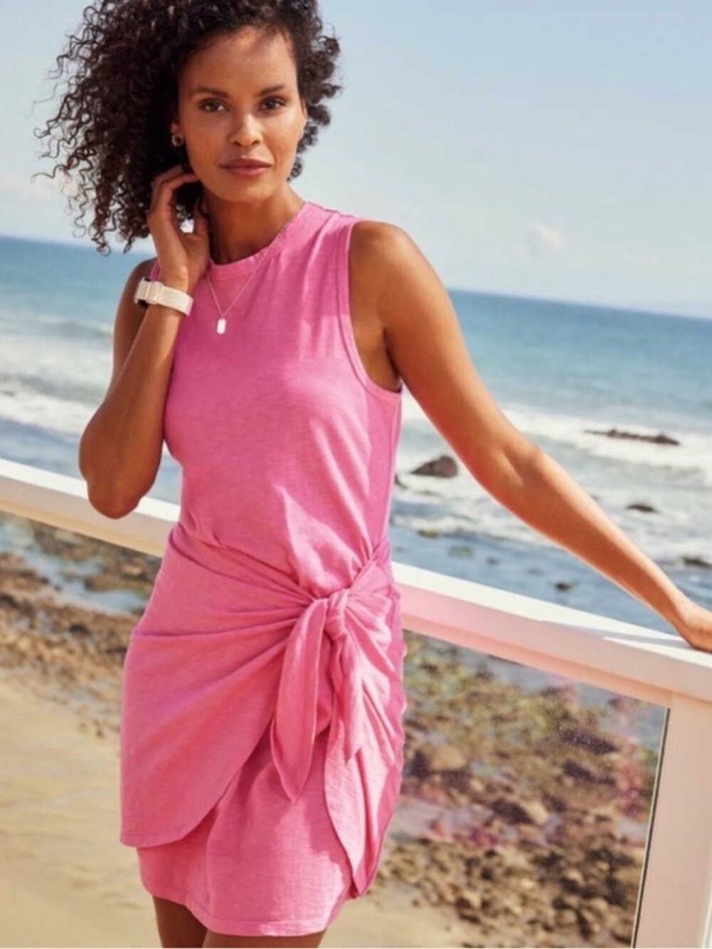 Evereve Greta Pink 100% Cotton Crew Wrap Front Tank Dress Women's size S
